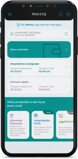 tela do app MIXTRA exibindo valores do empréstimo consignado privado